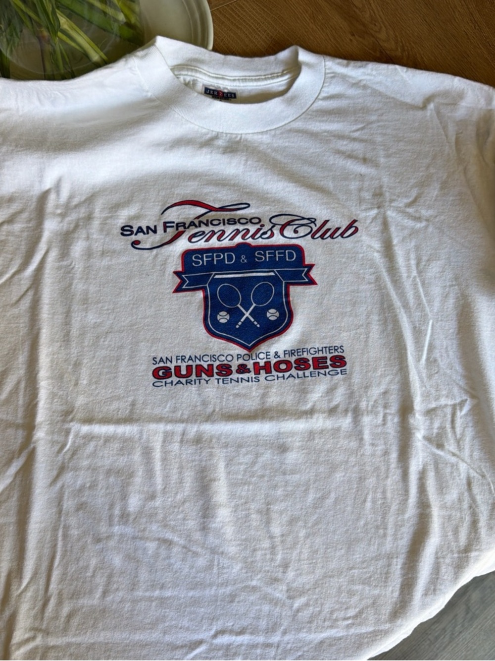 Jerzees White T-Shirt with Navy and Red San Francisco Tennis Club Logo